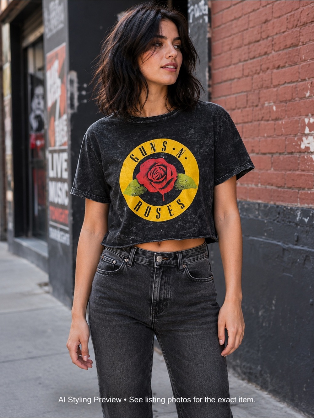 Guns N’ Roses Women’s Cropped Graphic Band Tee Black Mineral Wash S M